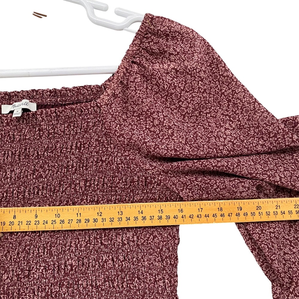 Madewell Burgundy Floral Smocked Square Neck Puff Sleeve Top Womens Medium M - Picture 7 of 8